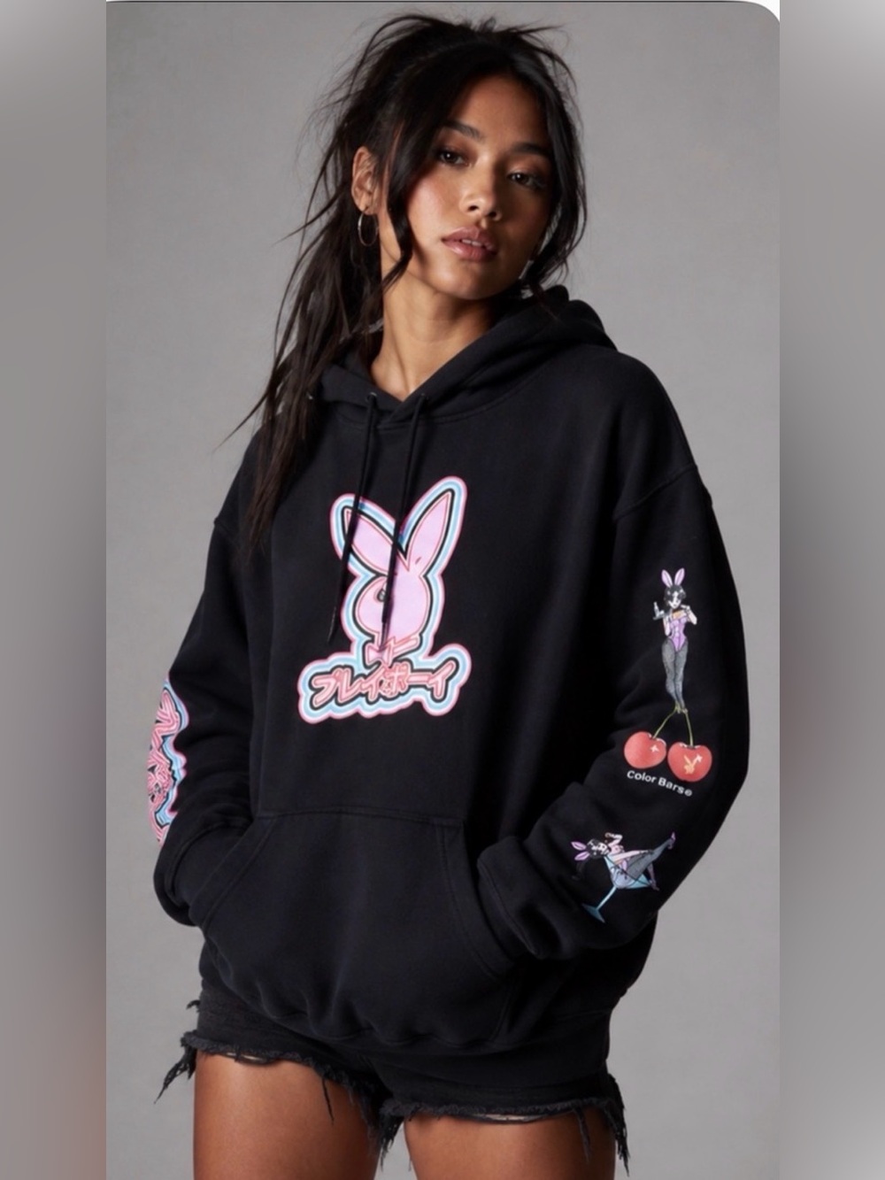 Playboy x Color Bars Bunny Kanji Hoodie Black M Japanese Graphic Streetwear men